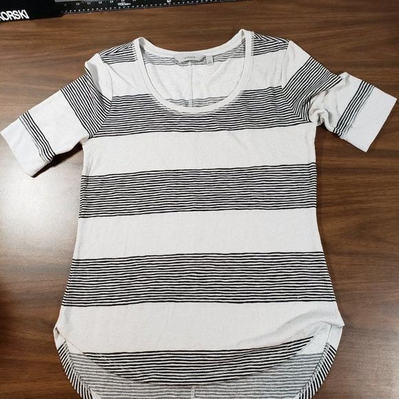 Athleta Stripe Breezy Tee Color Block Scoop Neck Half Sleeve Gray Charcoal Small - Picture 2 of 5